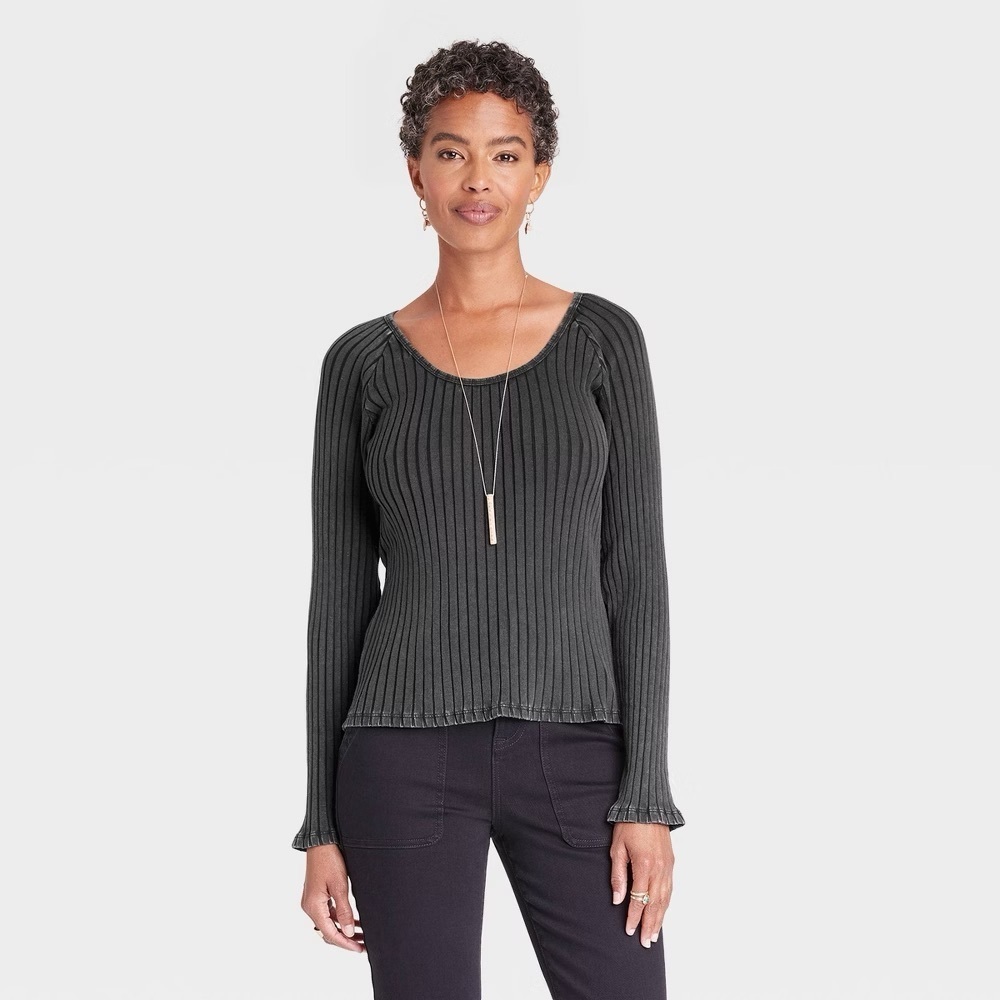 Knox Rose, Slim Fit Long Sleeve Ribbed T-Shirt Black